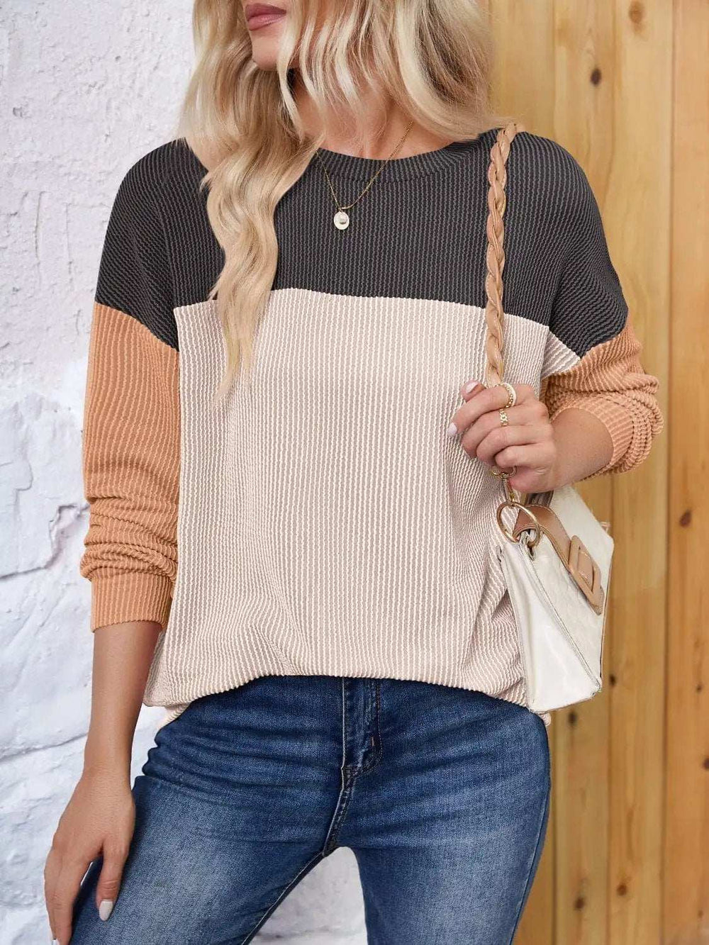 Color Block Round Neck Long Sleeve Sweatshirt - Trendsi - Flyclothing LLC