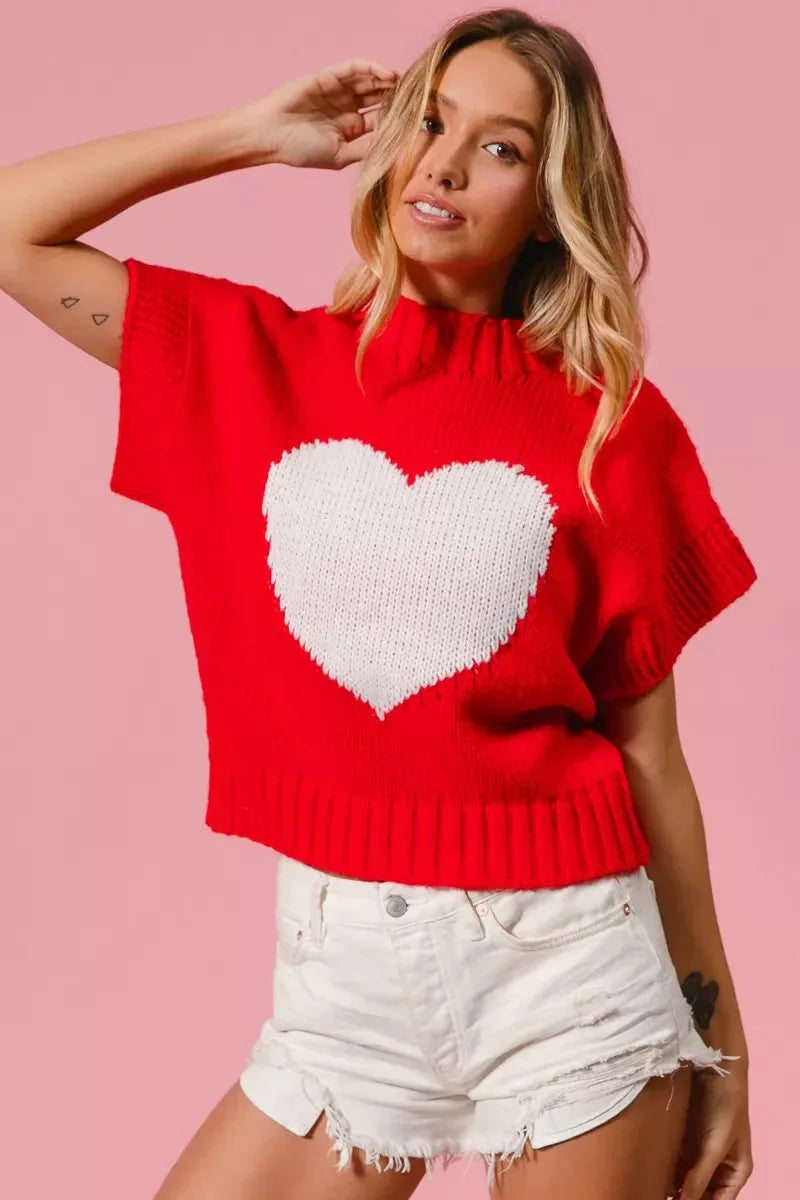 BiBi Rib Banded Heart Pattern Valentines Sweater - Trendsi - Flyclothing LLC