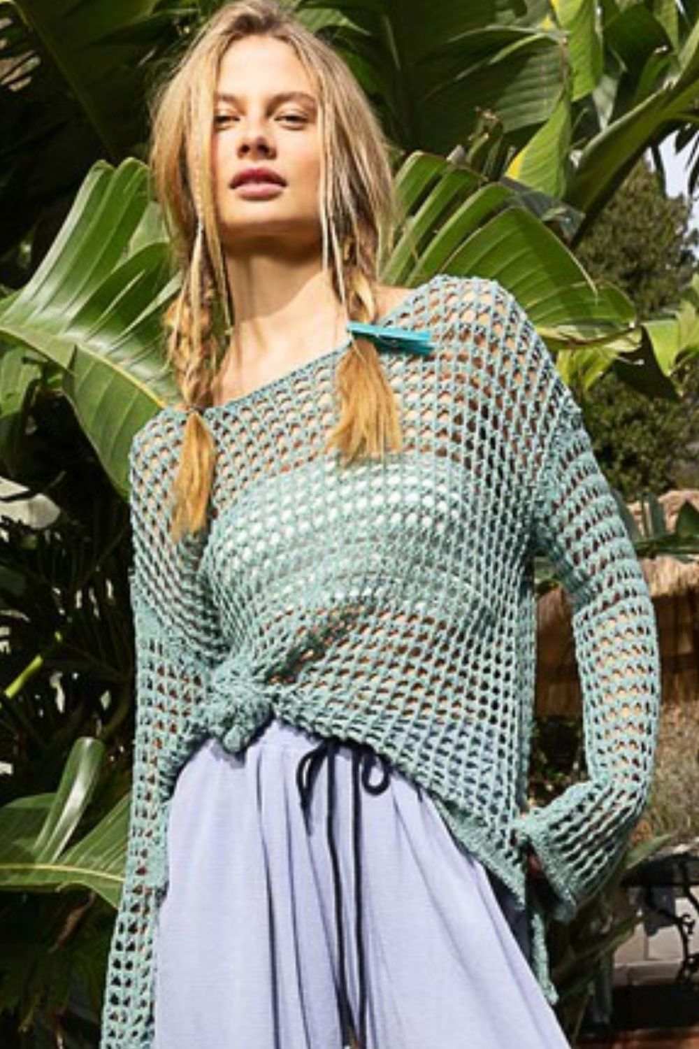 POL Side Slit Openwork Long Sleeve Knit Cover Up - Trendsi - Flyclothing LLC