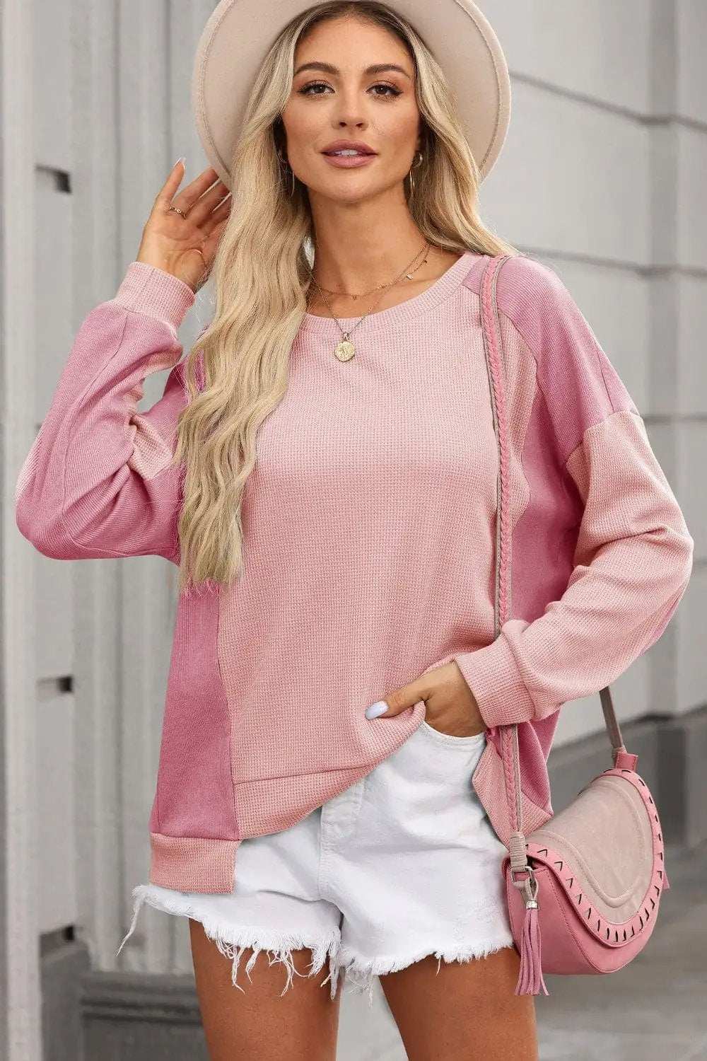 Contrast Round Neck Long Sleeve Sweatshirt - Trendsi - Flyclothing LLC