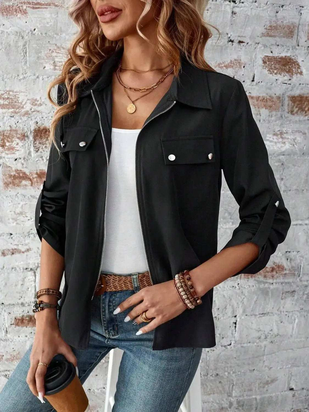 Zip Up Collared Neck Roll-Tab Sleeve Jacket - Trendsi - Flyclothing LLC