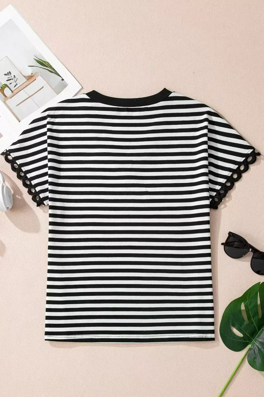 Striped Print V Neck Delicate Trim Casual Tee - Trendsi - Flyclothing LLC