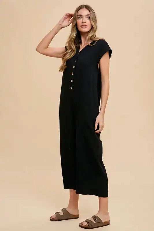 Annie Wear Button Detail Wide Leg Jumpsuit with Pockets - Trendsi - Flyclothing LLC
