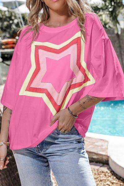 Color Block Star Patched Oversized T-Shirt - Trendsi - Flyclothing LLC