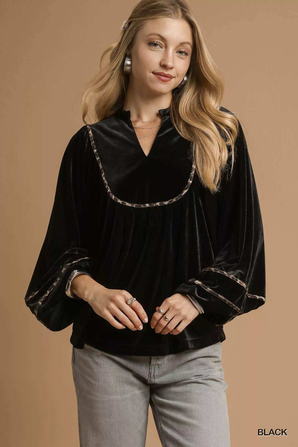 Umgee Velvet Long Sleeve Blouse with Contrast Trim - Trendsi - Flyclothing LLC