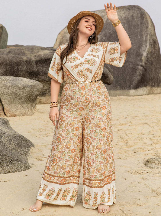 Plus Size V-Neck Flutter Sleeve Wide Leg Jumpsuit - Trendsi - Flyclothing LLC
