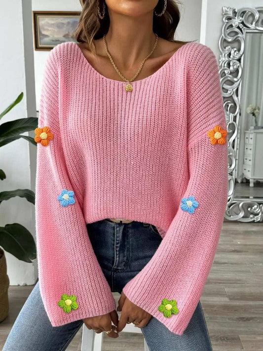 Flower Round Neck Long Sleeve Sweater - Trendsi - Flyclothing LLC