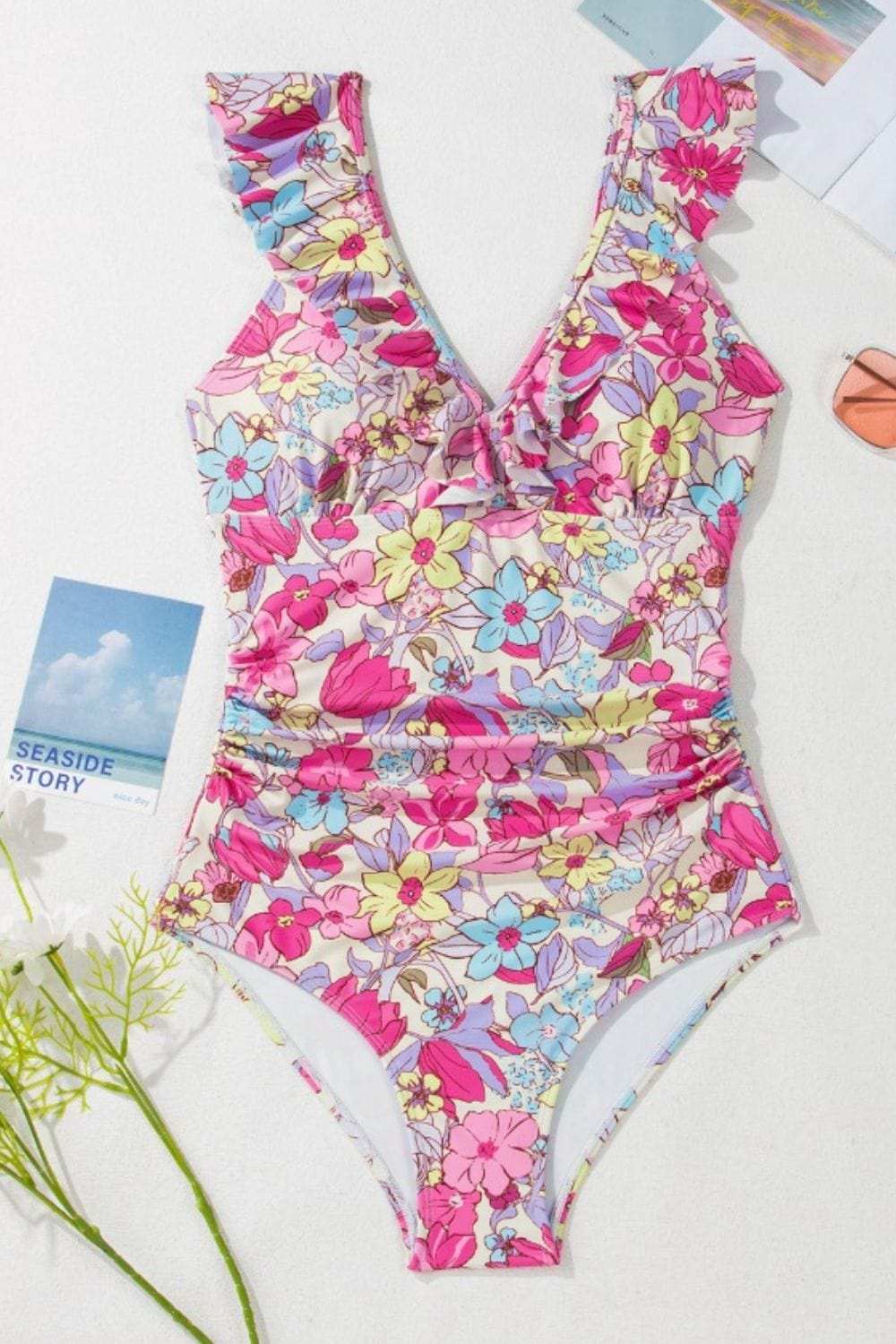 Floral Ruffle Trim Tummy Control One Piece Swimsuit - Trendsi - Flyclothing LLC