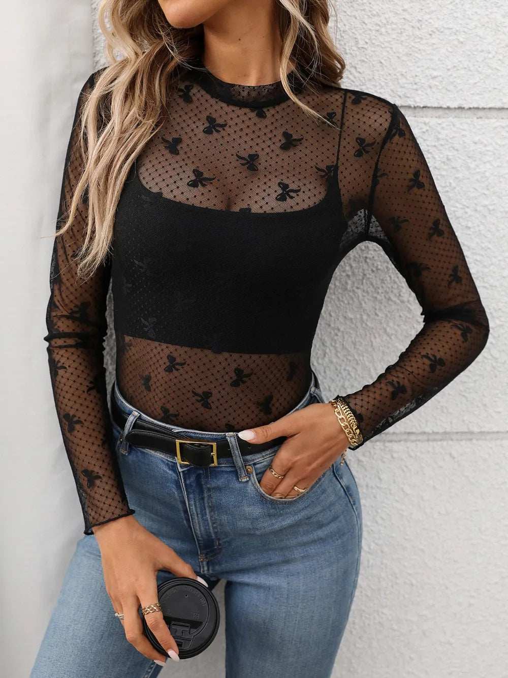 Floral Mock Neck Long Sleeve Mesh Top - Trendsi - Flyclothing LLC