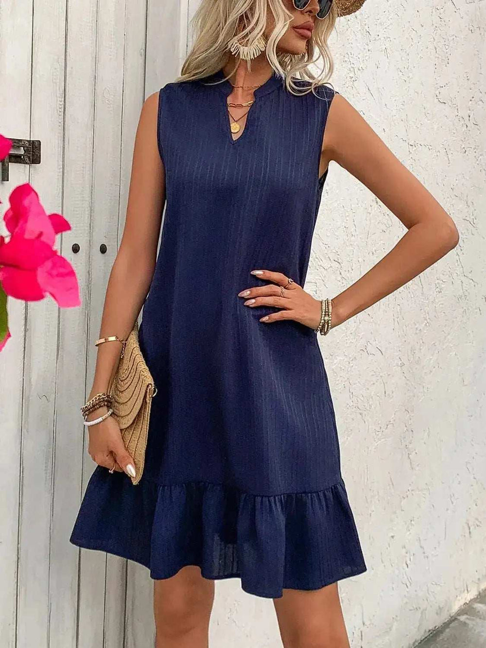 Ruffled Hem Notched Sleeveless Dress - Trendsi - Flyclothing LLC