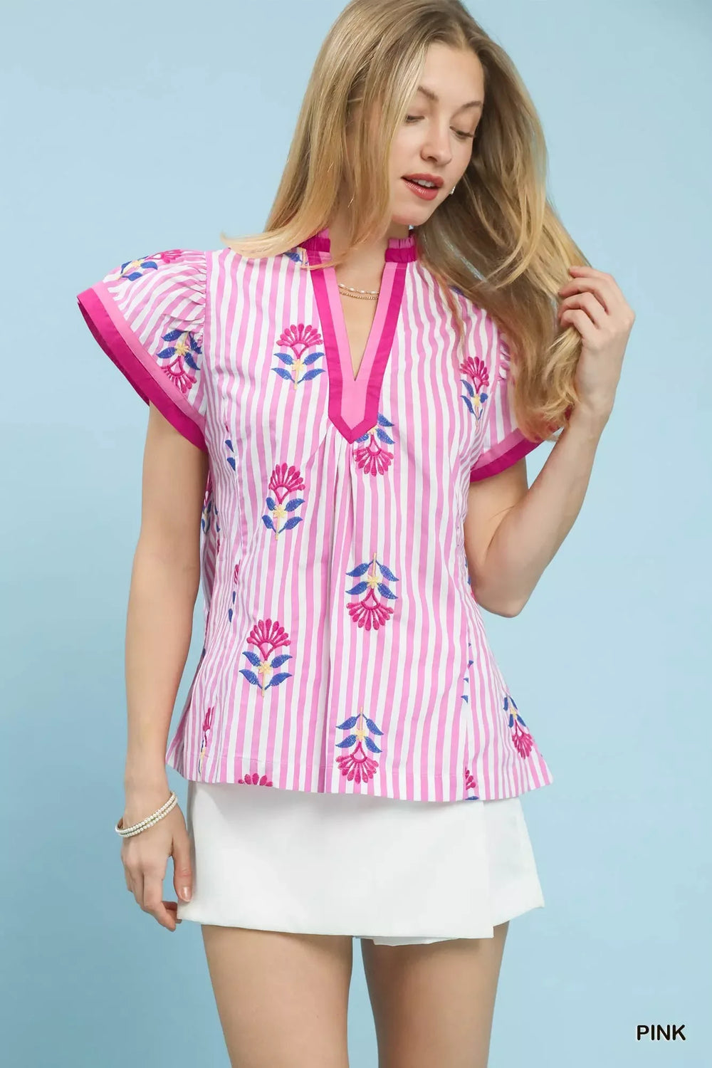 Umgee Embroidered Striped Flutter Sleeve Top - Trendsi - Flyclothing LLC