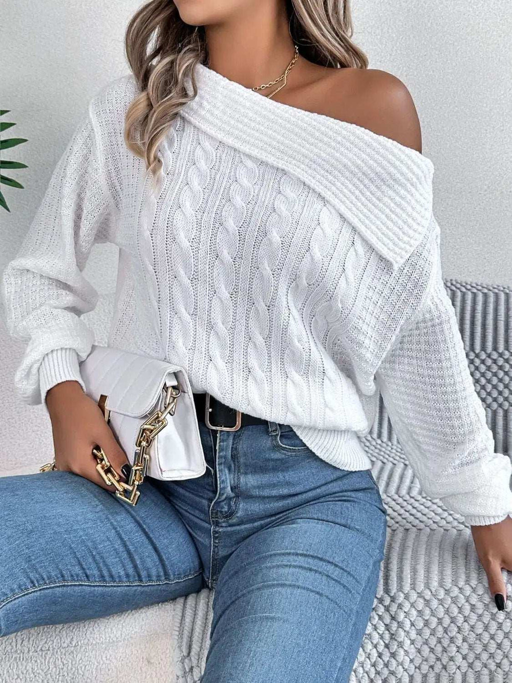 Cable-Knit One Shoulder Long Sleeve Sweater - Trendsi - Flyclothing LLC