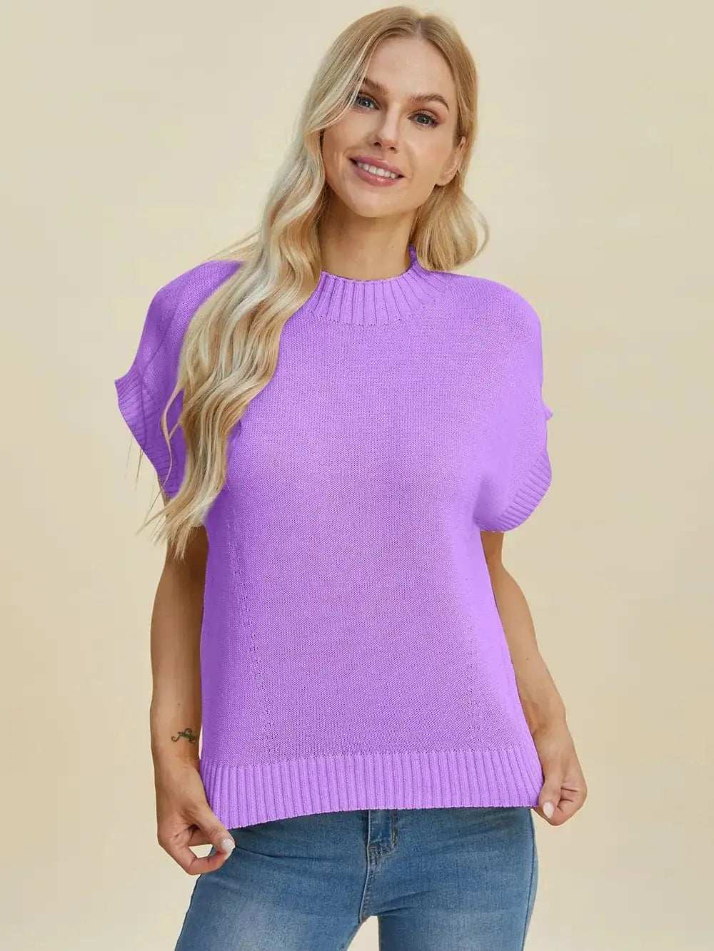 Double Take Full Size Mock Neck Short Sleeve Sweater - Trendsi - Flyclothing LLC