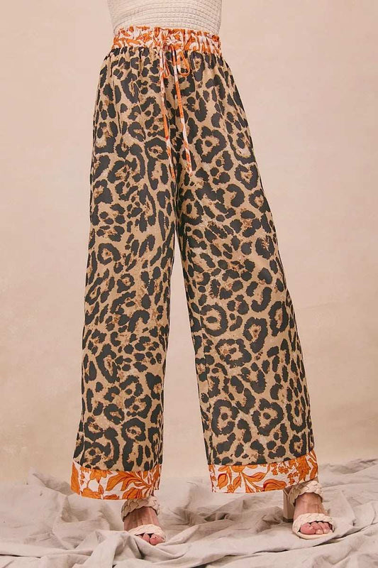 BiBi Leopard Print With Contrast Banded Wide Pants - Trendsi - Flyclothing LLC