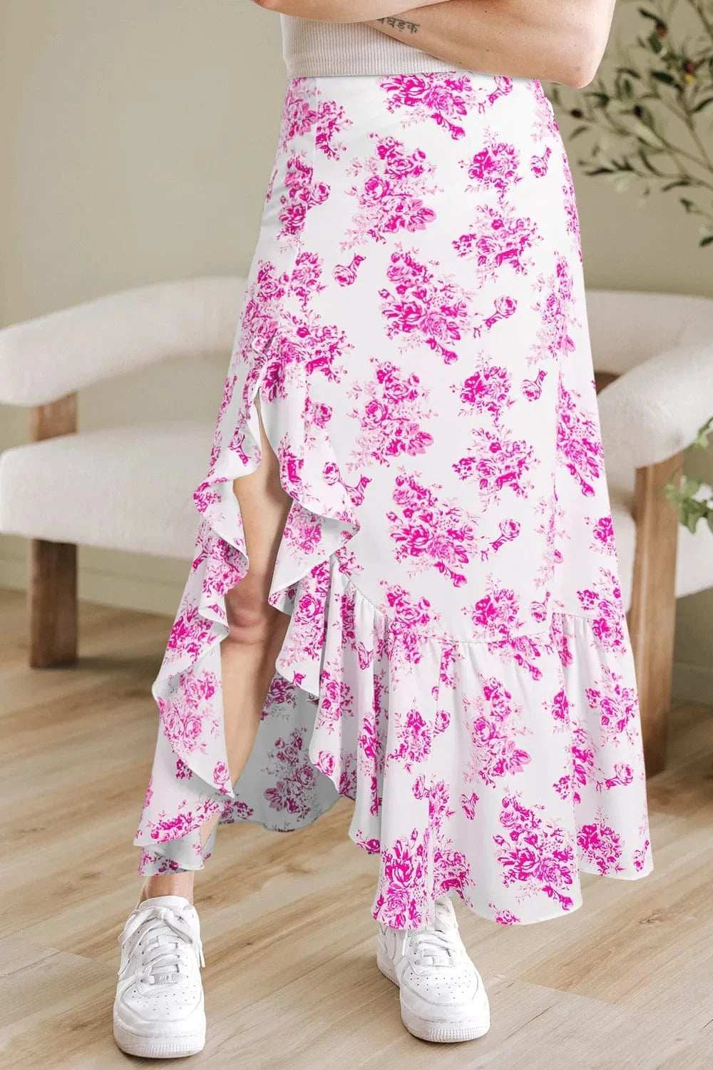 Boho Floral High Waist Ruffle Split Maxi Skirt - Trendsi - Flyclothing LLC