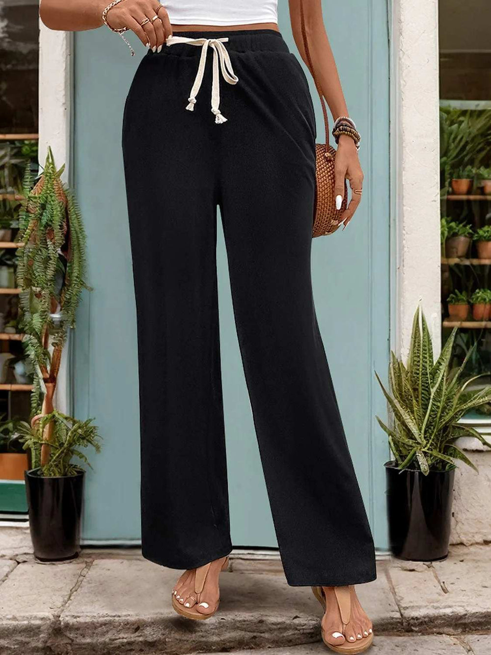 Drawstring High Waist Straight Pants - Trendsi - Flyclothing LLC