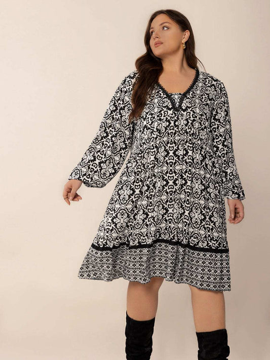 Plus Size Lace Detail Printed Balloon Sleeve Dress - Trendsi - Flyclothing LLC