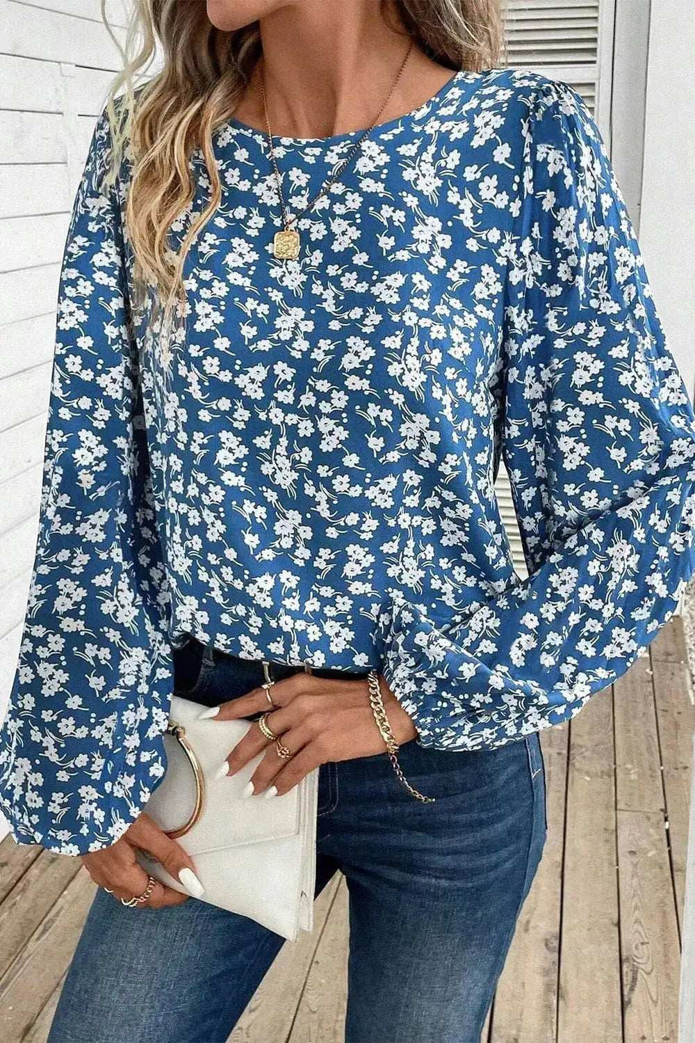 Printed Round Neck Balloon Sleeve Blouse - Trendsi - Flyclothing LLC