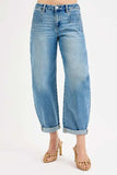 RISEN Full Size Mid Rise Fit Barrel Roll Up Jeans Plus Size - Trendsi - Flyclothing LLC