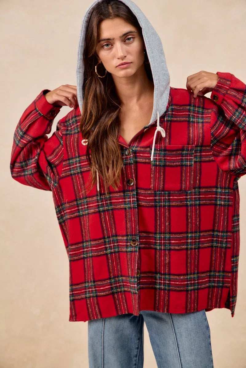 BiBi Brushed Plaid Hooded Jacket - Trendsi - Flyclothing LLC