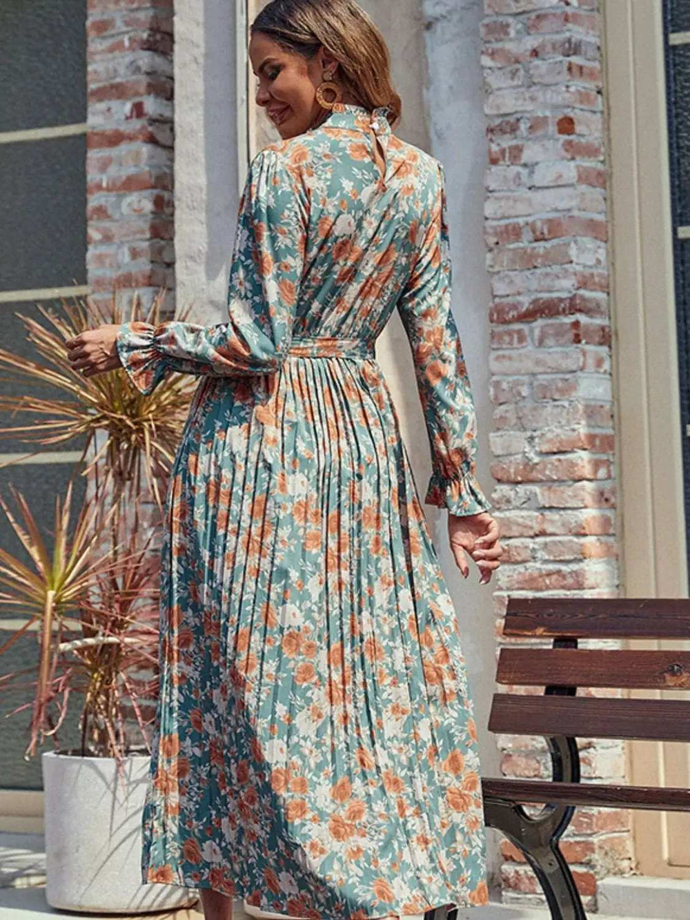 Perfee Tied Pleated Printed Mock Neck Long Sleeve Dress - Trendsi - Flyclothing LLC