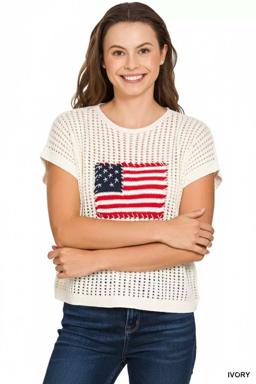 Zenana Viscose American Flag Openwork Knit Top - Trendsi - Flyclothing LLC