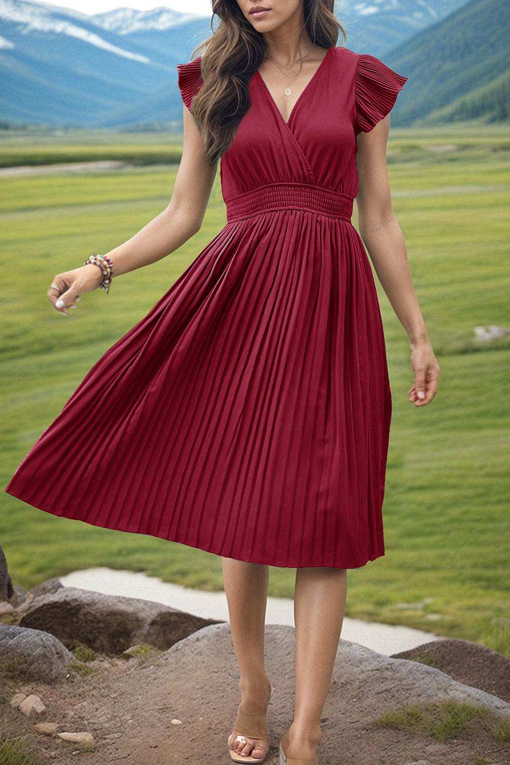 Tied Smocked Waist Flutter Sleeve Dress - Trendsi - Flyclothing LLC