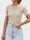 Round Neck Short Sleeve Knit Top - Trendsi - Flyclothing LLC
