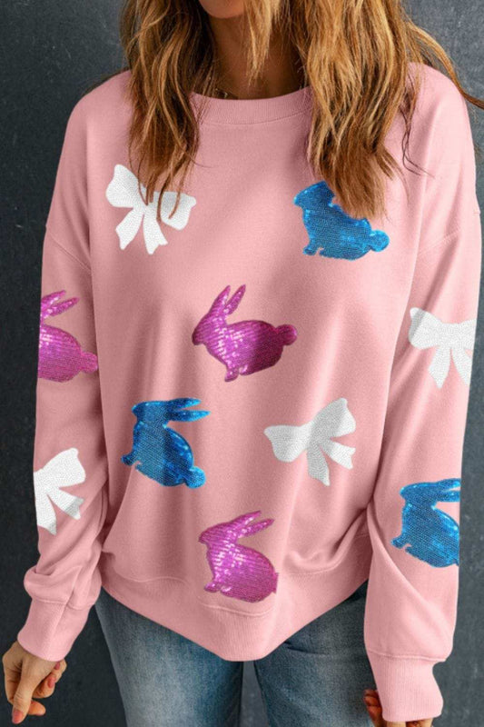 Easter Bunny Bow Knot Sequined Sweatshirt - Trendsi - Flyclothing LLC