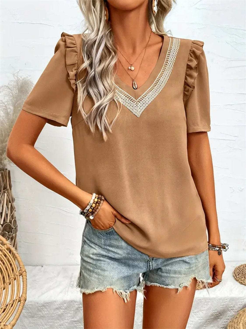 Ruffled V-Neck Short Sleeve Blouse - Trendsi - Flyclothing LLC