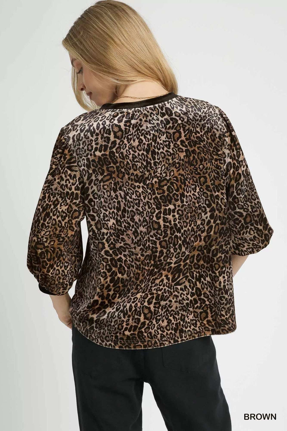 Umgee Leopard Round Neck Three-Quarter Sleeve Blouse - Trendsi - Flyclothing LLC