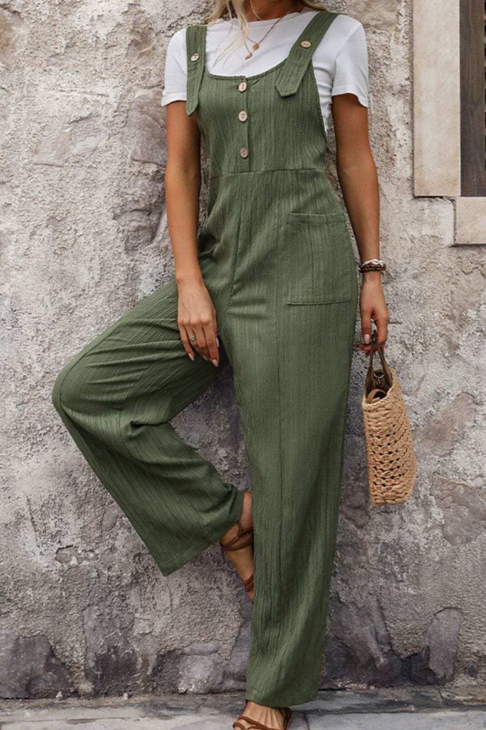 Textured Pocketed Wide Strap Overalls - Trendsi - Flyclothing LLC