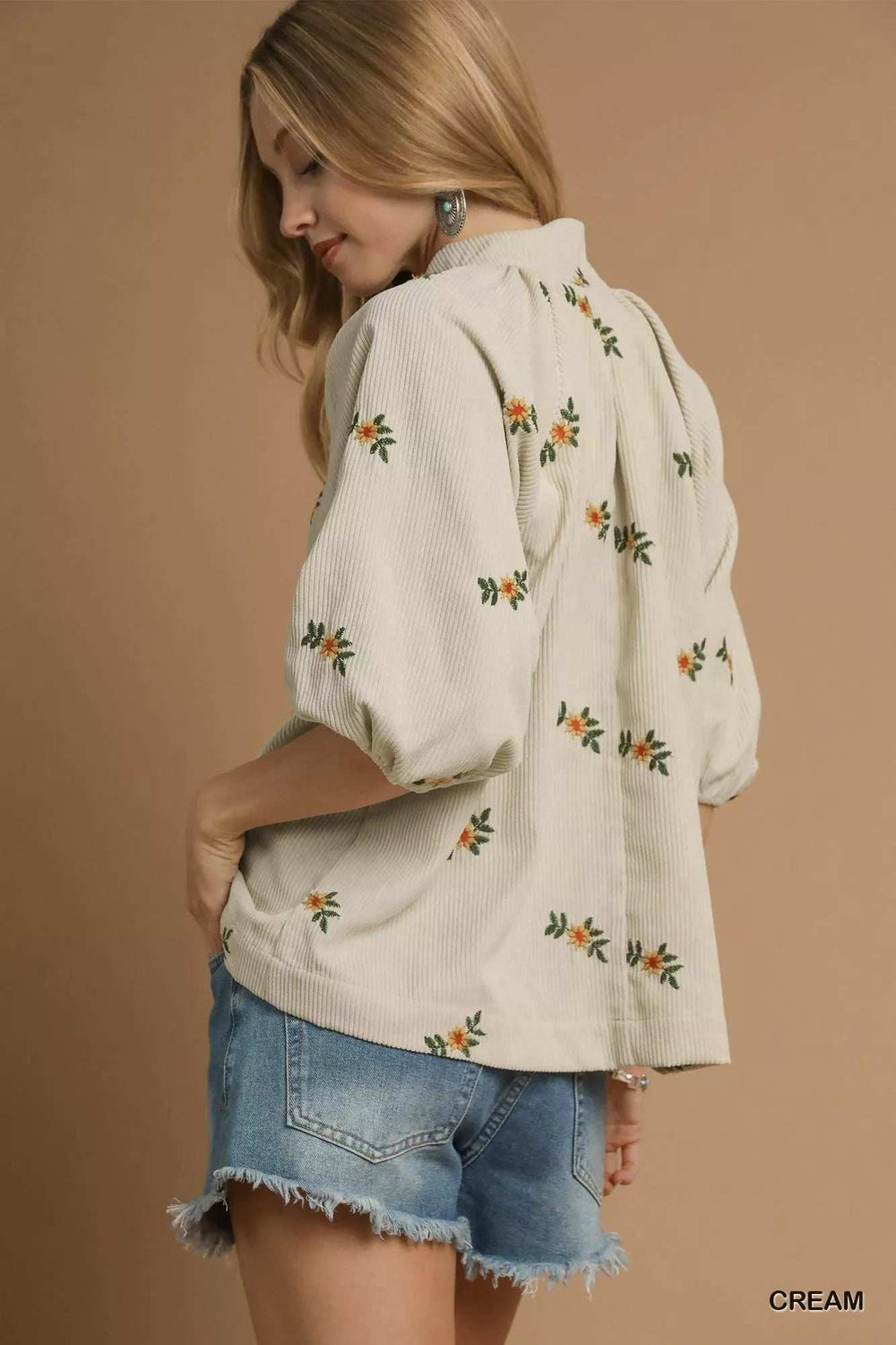 Umgee Corduroy Floral Embroidered Puff Sleeve Blouse - Trendsi - Flyclothing LLC