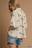 Umgee Corduroy Floral Embroidered Puff Sleeve Blouse - Trendsi - Flyclothing LLC
