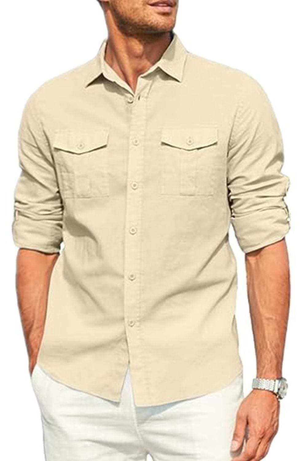 Men's Plus Size Button Down Collared Neck Long Sleeve Shirt - Trendsi - Flyclothing LLC