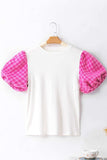 Round Neck Contrast Tweed Puff Sleeve Top - Trendsi - Flyclothing LLC