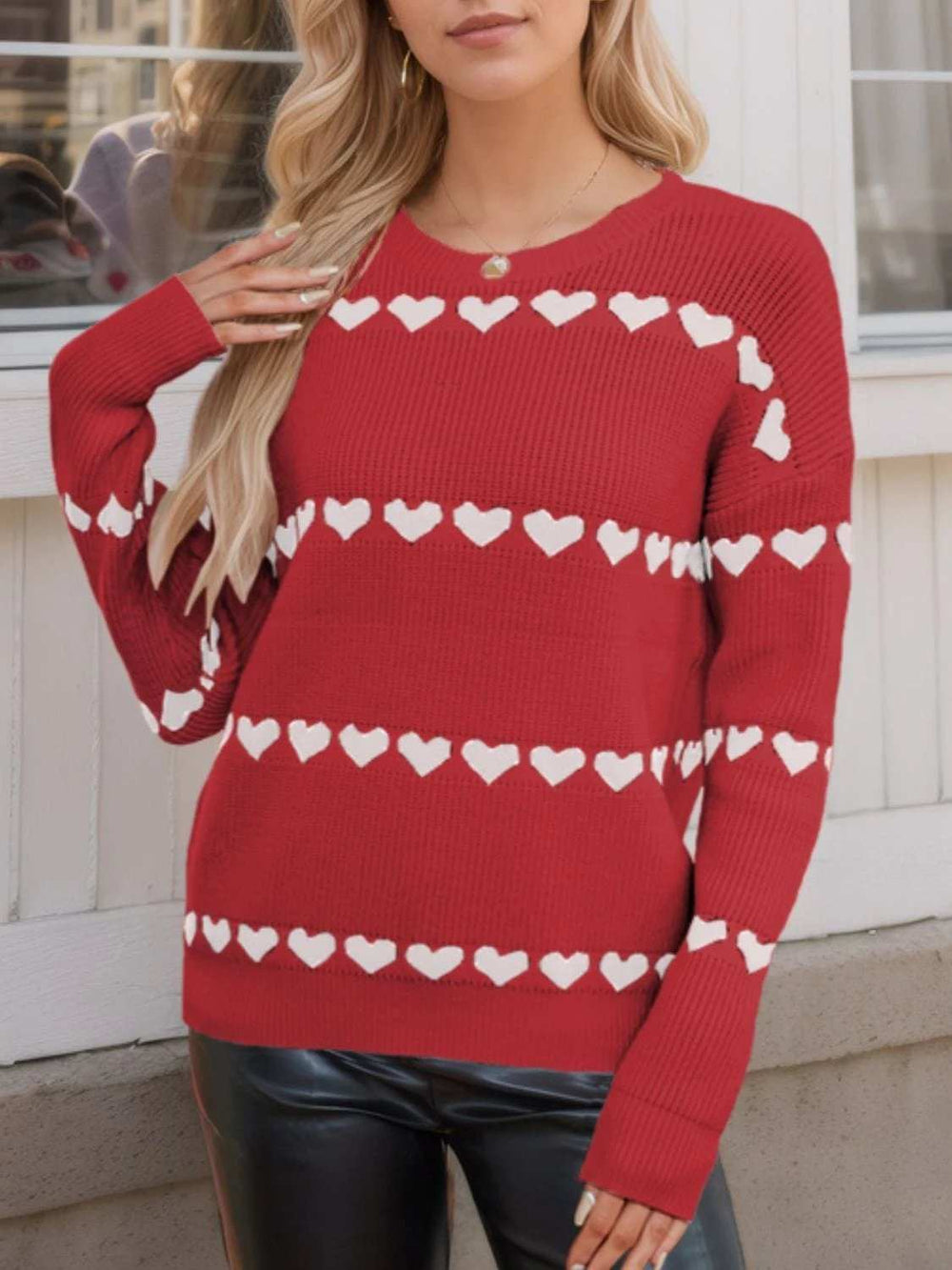 Heart Round Neck Long Sleeve Sweater - Trendsi - Flyclothing LLC