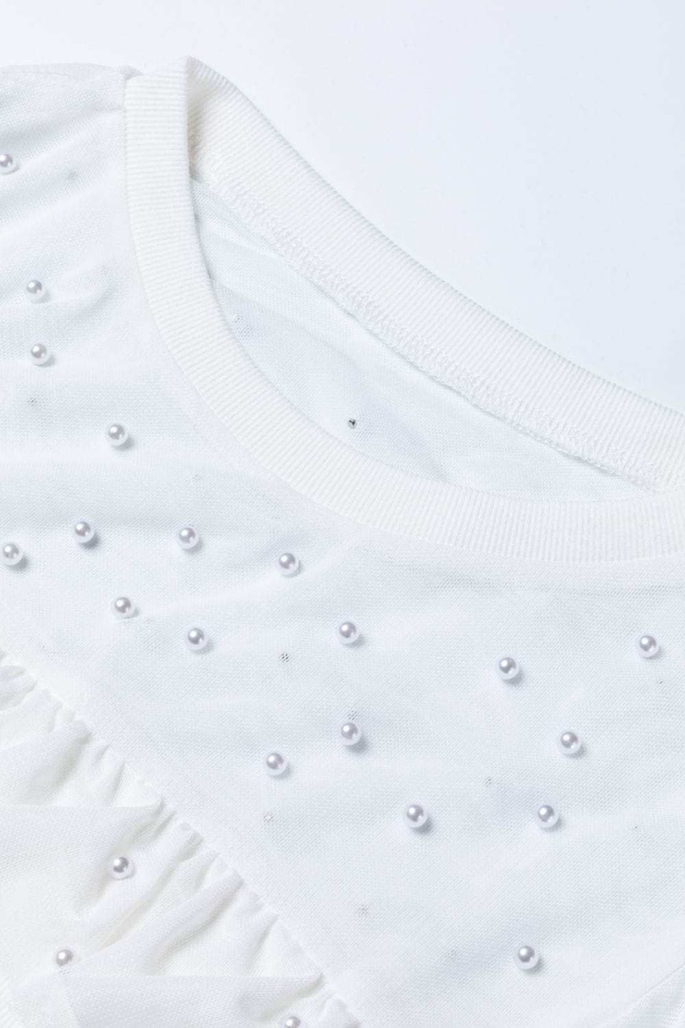 Pearl Decor Mesh Patchwork Ribbed Long Sleeve Top - Trendsi - Flyclothing LLC
