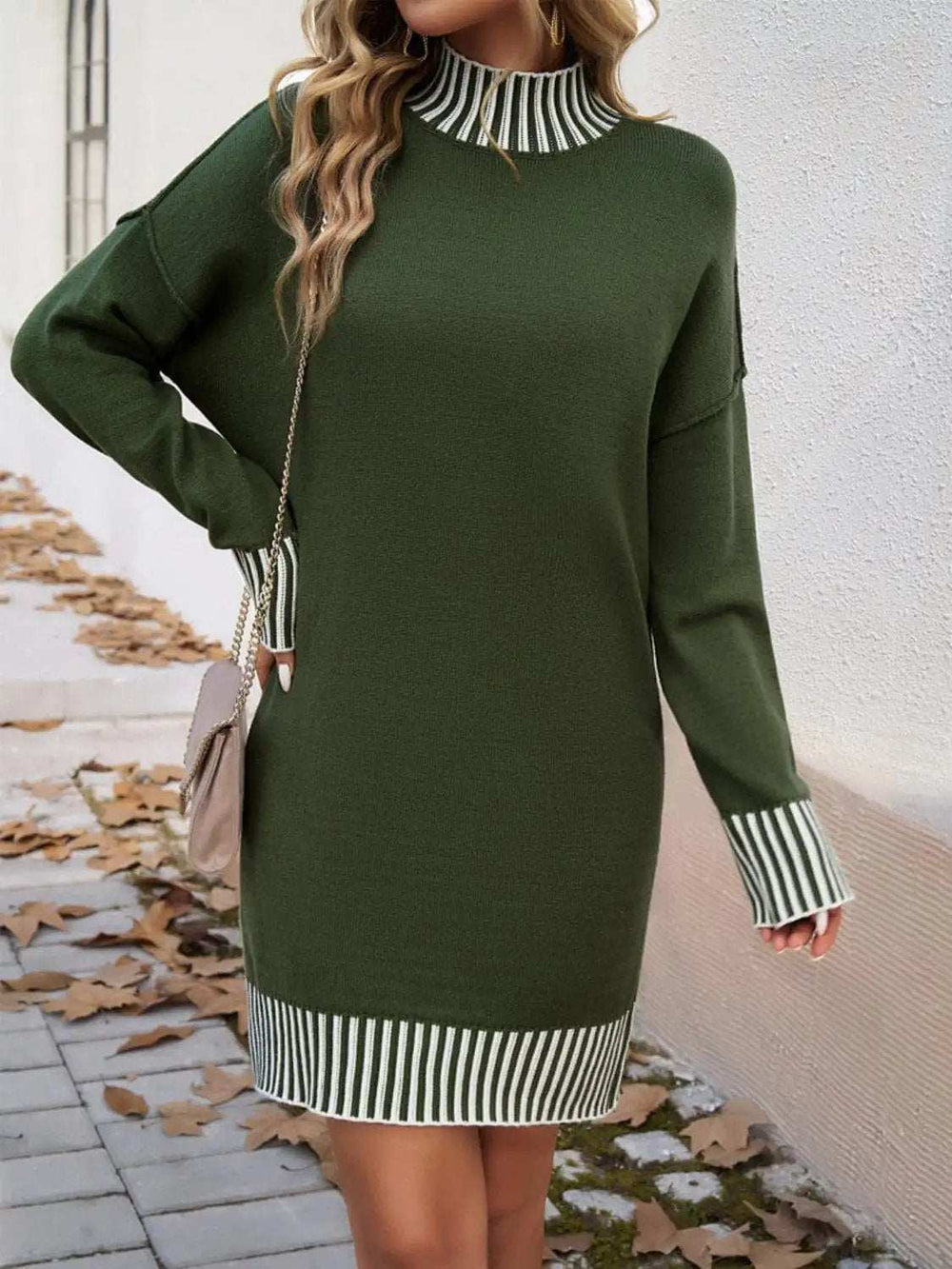 Striped Mock Neck Long Sleeve Sweater Dress - Trendsi - Flyclothing LLC