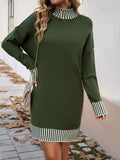 Striped Mock Neck Long Sleeve Sweater Dress - Trendsi - Flyclothing LLC