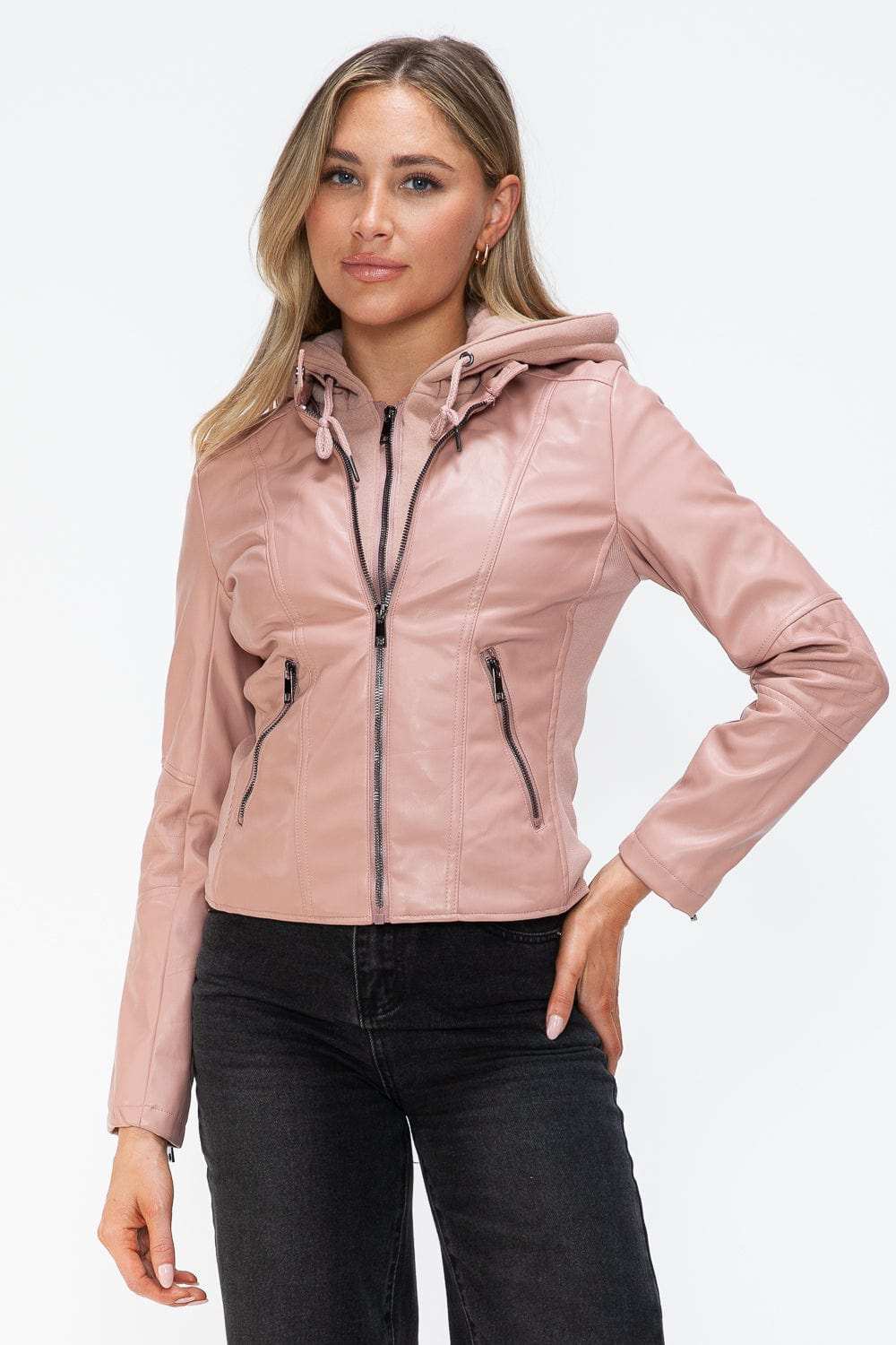 Snobbish Faux Leather Zip Up Drawstring Hooded Jacket - Trendsi - Flyclothing LLC
