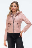 Snobbish Faux Leather Zip Up Drawstring Hooded Jacket - Trendsi - Flyclothing LLC