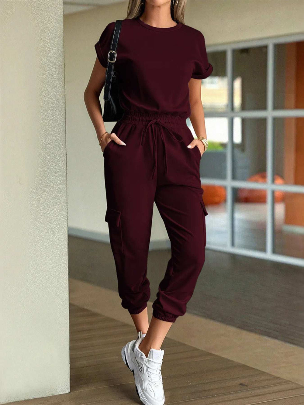 Round Neck Short Sleeve Top and Pants Set - Trendsi - Flyclothing LLC