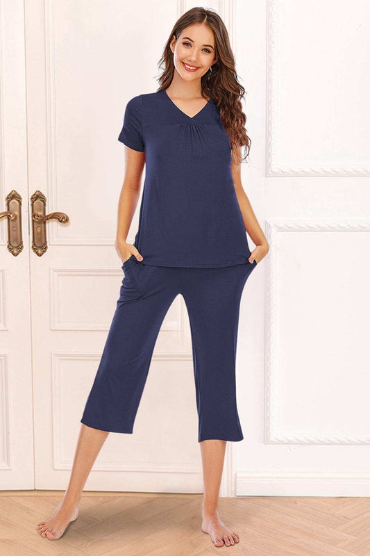 V-Neck Short Sleeve Top and Pants Lounge Set - Trendsi - Flyclothing LLC