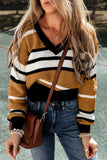 Contrast Stripes V Neck Long Sleeve Sweater - Trendsi - Flyclothing LLC
