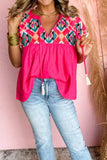 Geometric Embroidered Tassel Tie Neck Blouse - Trendsi - Flyclothing LLC