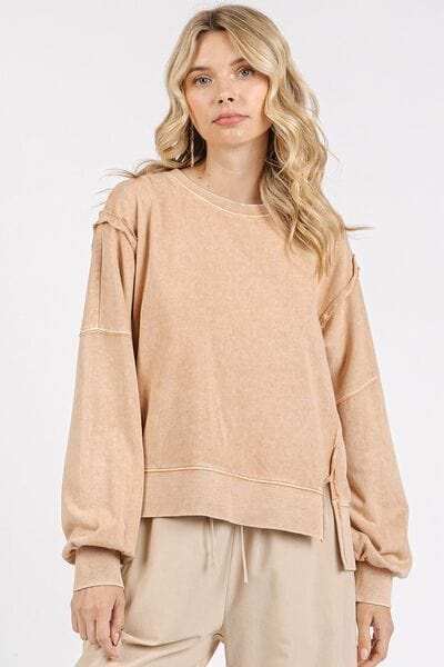 Mittoshop Side Slit Exposed Seam Round Neck Sweatshirt - Trendsi - Flyclothing LLC