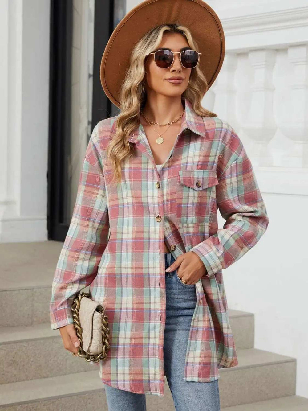 Plaid Collared Neck Long Sleeve Shirt - Trendsi - Flyclothing LLC