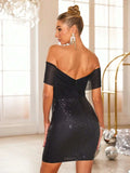 Backless Sequin Off Shoulder Short Sleeve Dress - Trendsi - Flyclothing LLC
