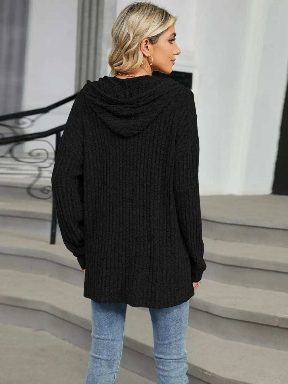 Half Button Long Sleeve Hooded Top - Trendsi - Flyclothing LLC